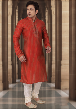 Red Color Dupion Fabric Kurta Set